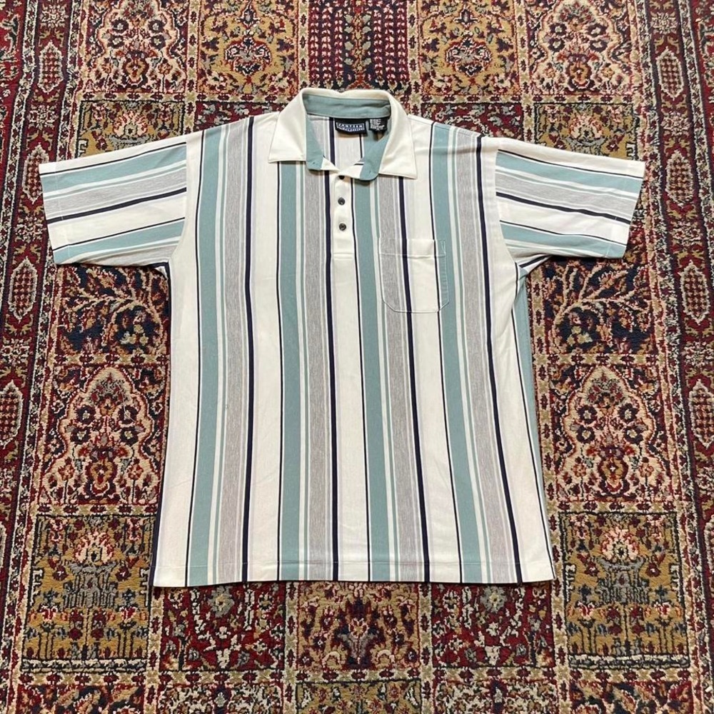 VTG 80s Jantzen‎ Classics striped golf style patterned rugby polo tee shirt L